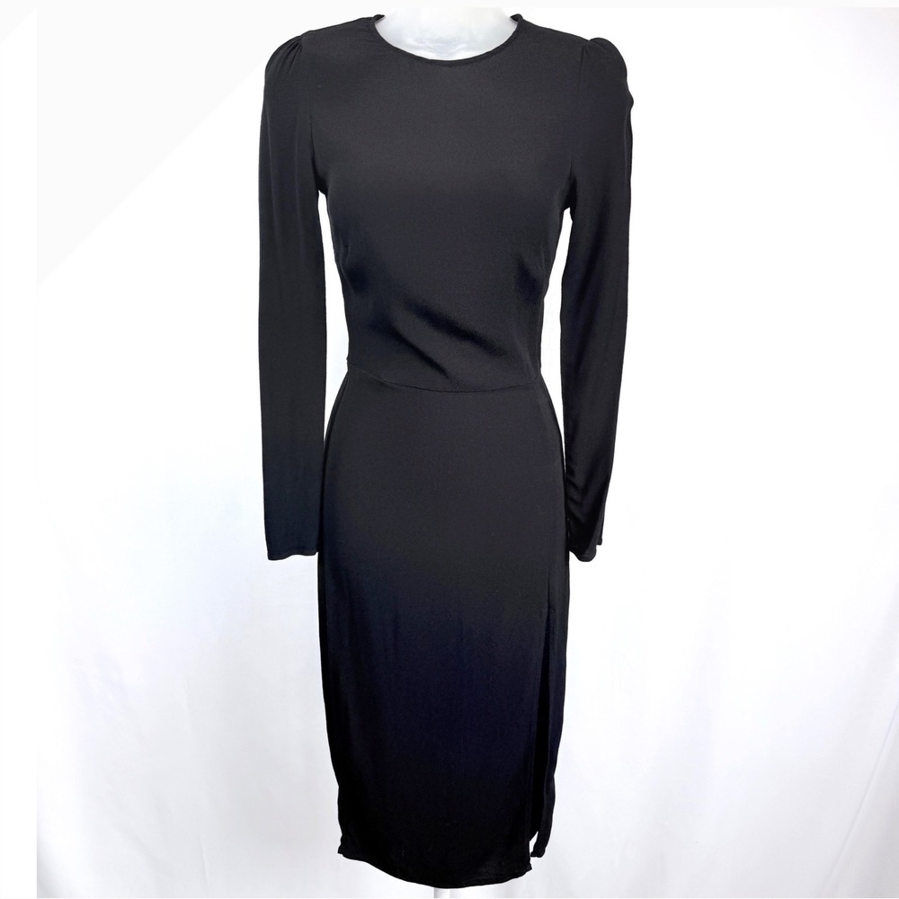 Reformation Black Midi Dress Size 0 Long Sleeve Puff Shoulder Side Slit USA Made